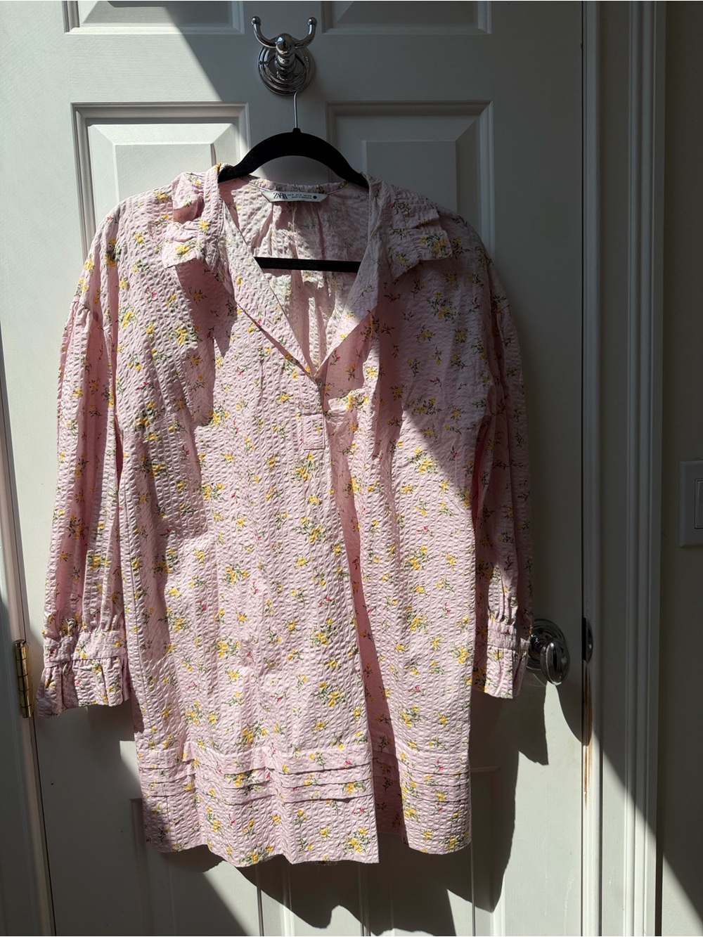Zara Light Pink Floral Button-Front Blouse with Yellow Roses